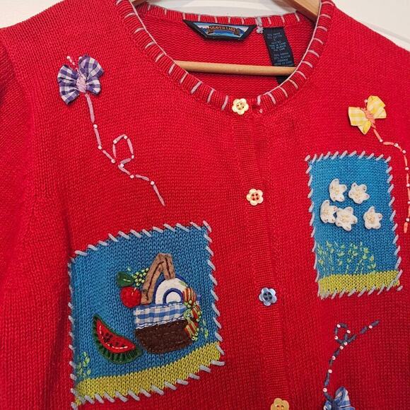 Vintage Granny Cardigan Women Large Shaver Lake Red Picnic Embroidered 3D Preppy - Picture 3 of 10